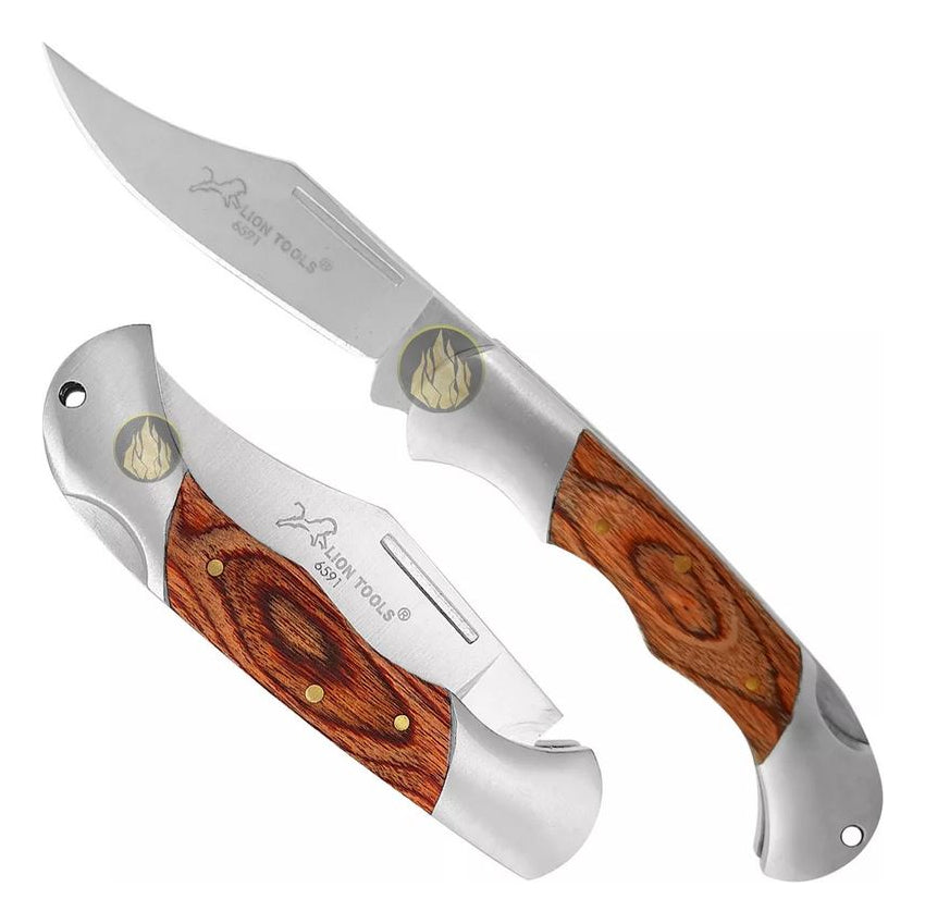 Navaja Táctica Con Mango De Metal Y Cachas De Madera Acero