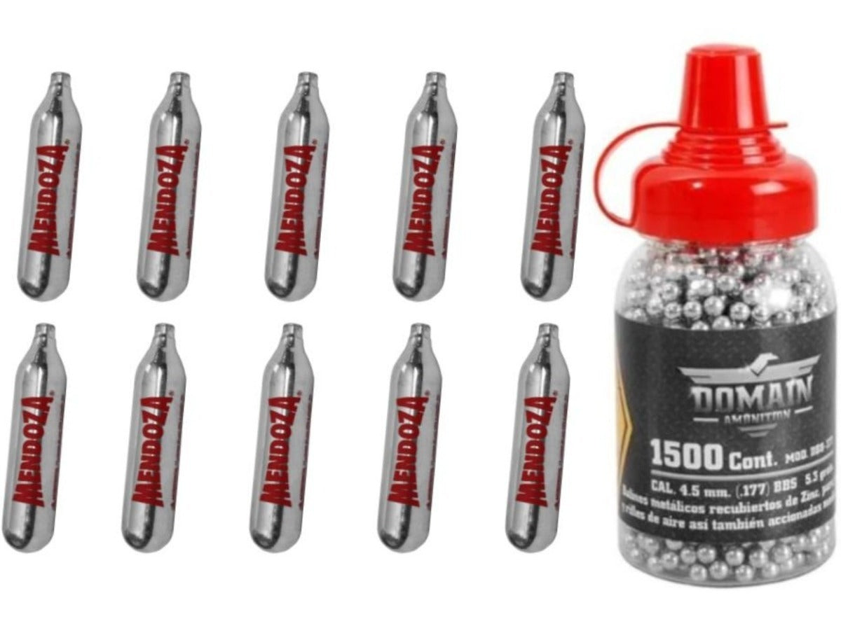 Pack Mendoza Con 10 Tanques Co2 Para Pistola Y 1500 Balines