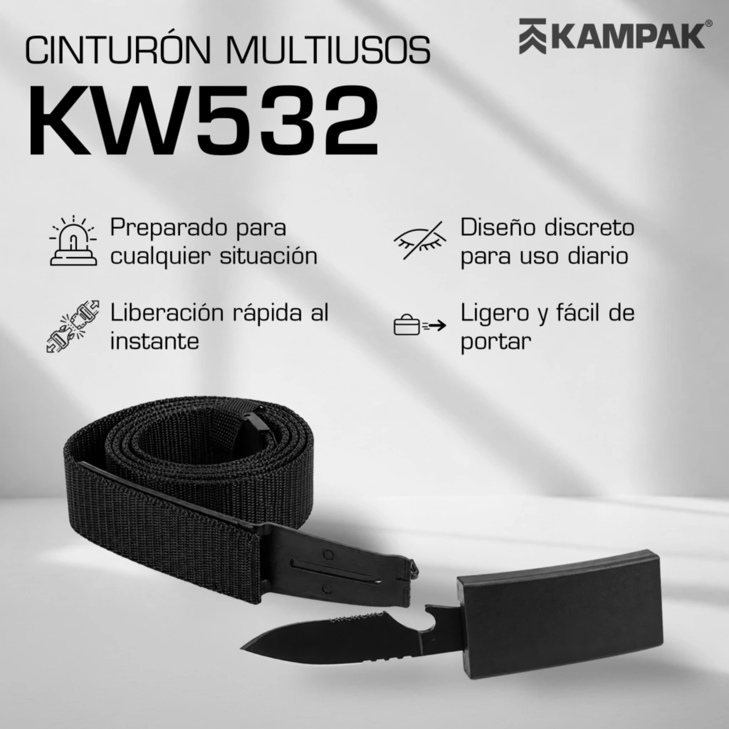Cinturón Tactico Con Navaja Kampak Kw532 Hebilla Destapador