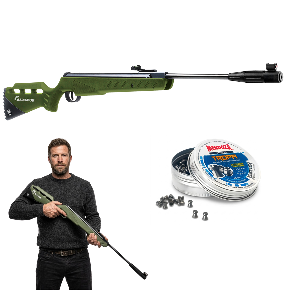Rifle de aire Mendoza Gladiador 5.5mm Resorte Verde+Diabolos