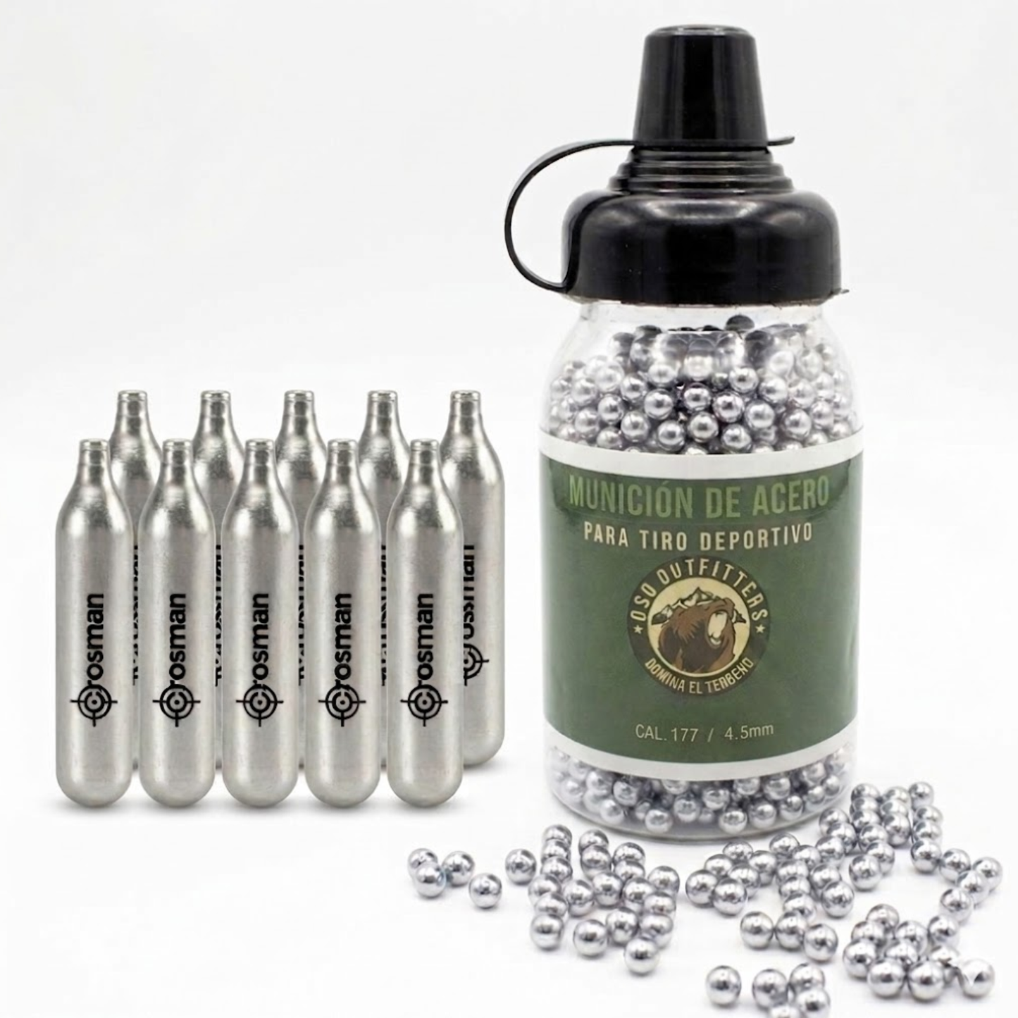 10 pack CO2 Crosman y Balines de acero Oso 4.5mm 1500 Pz Kit