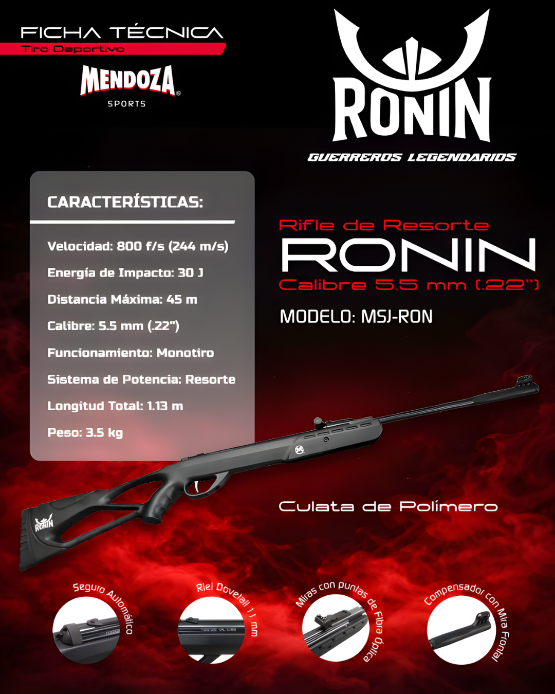 Rifle de aire Mendoza Ronin 5.5 mm Resorte 800 fps en combo