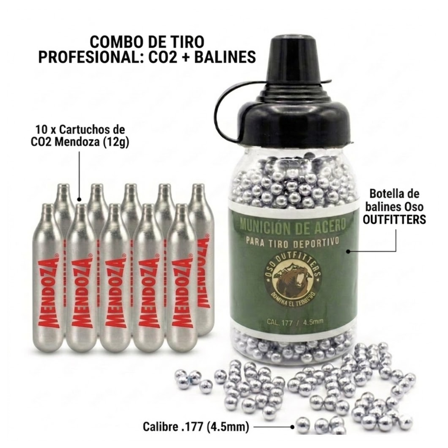 CO2 Mendoza 10 pack  y Balines de acero Oso 4.5mm 1500 Pzs
