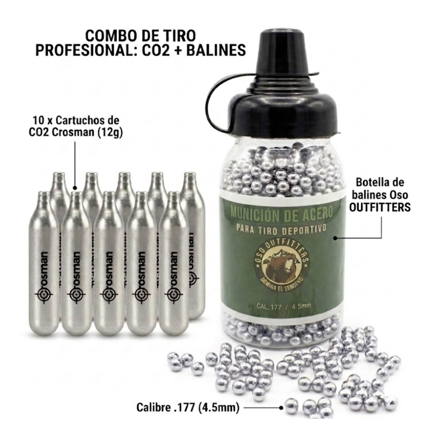 10 pack CO2 Crosman y Balines de acero Oso 4.5mm 1500 Pz Kit