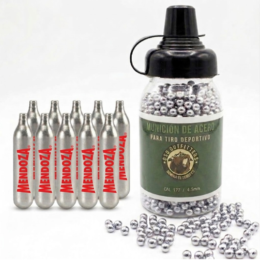 CO2 Mendoza 10 pack  y Balines de acero Oso 4.5mm 1500 Pzs