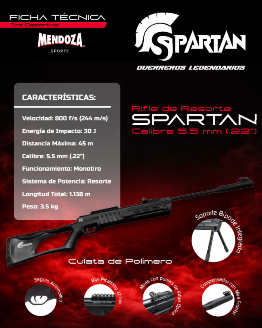 Rifle de aire Mendoza Spartan 5.5mm Resorte 800 fps en combo