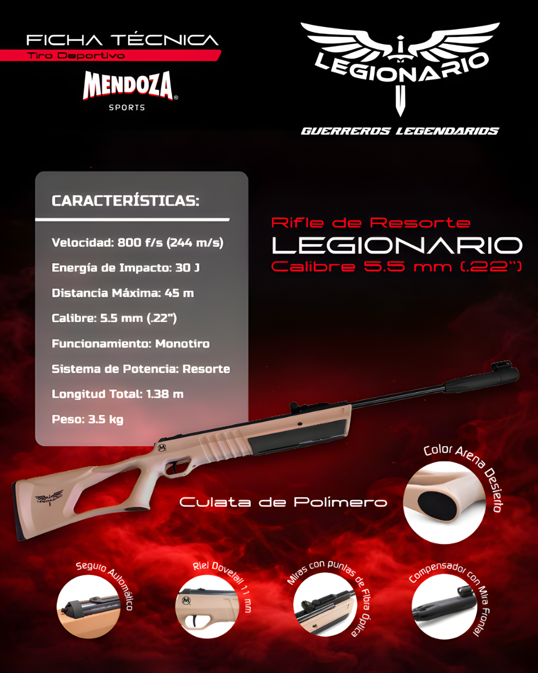 Rifle de aire Mendoza Legionario 5.5mm Resorte Kit tiro