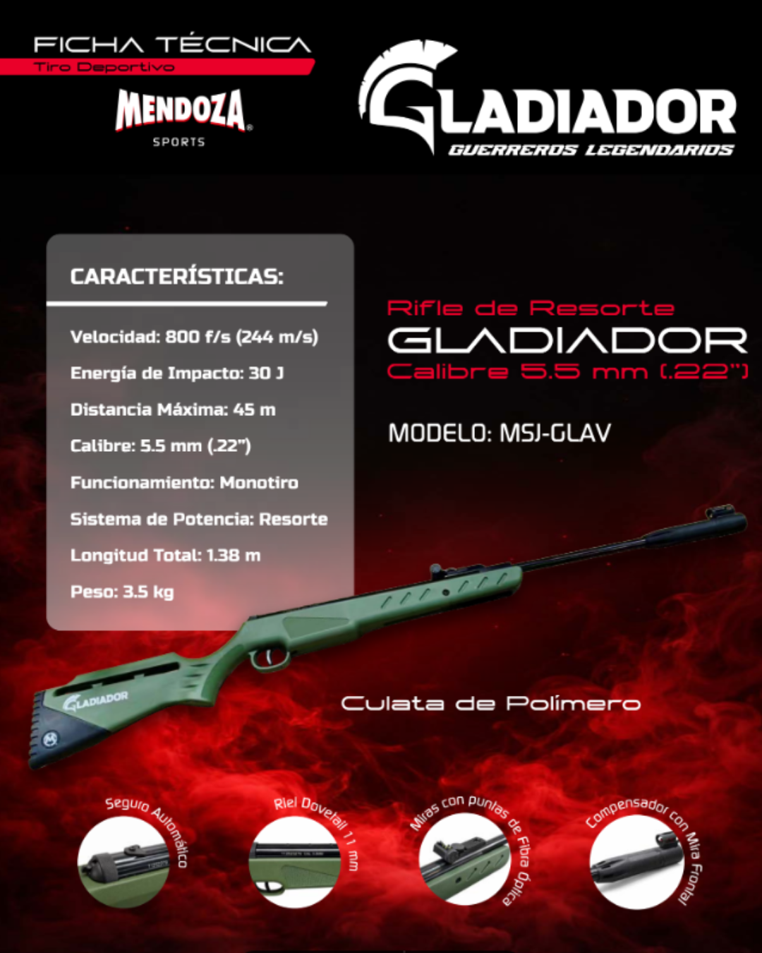 Rifle de aire Mendoza Gladiador 5.5 mm Resorte Verde combo