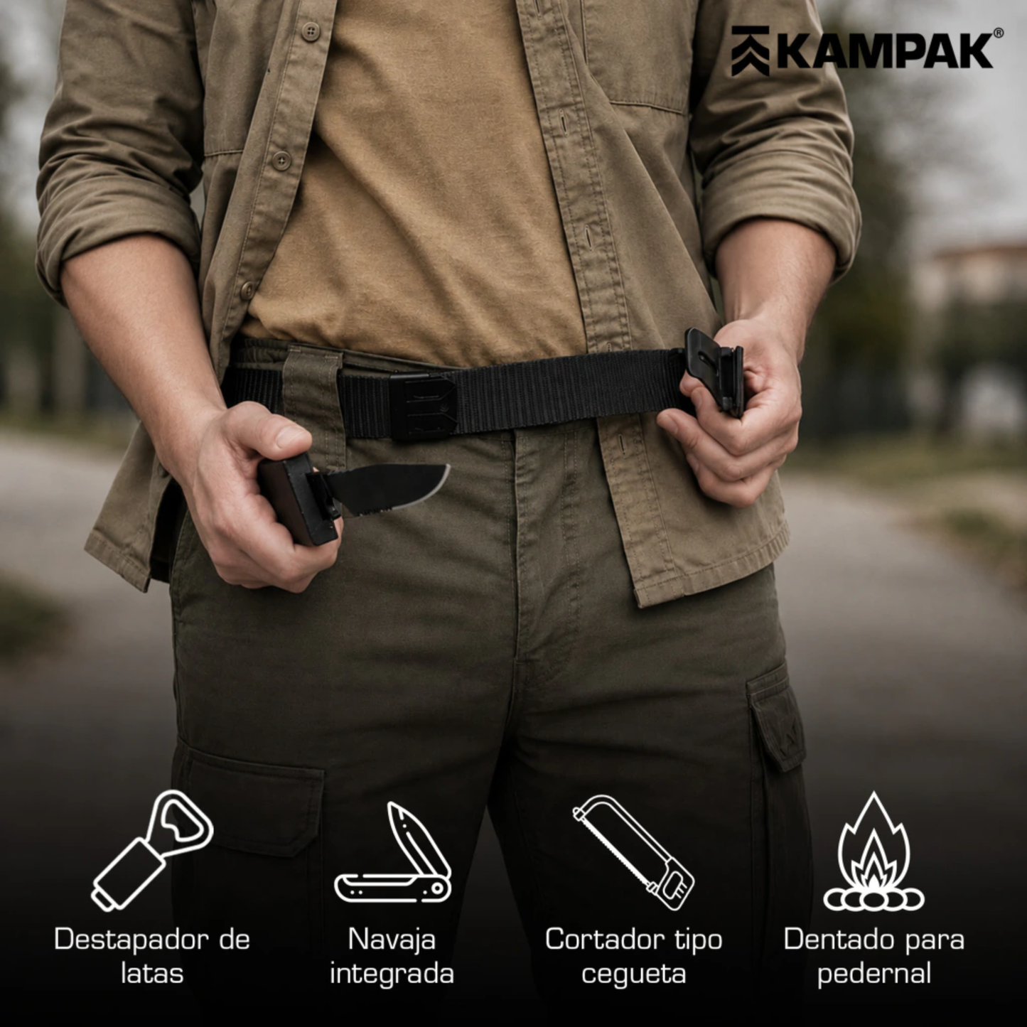 Cinturón Tactico Con Navaja Kampak Kw532 Hebilla Destapador