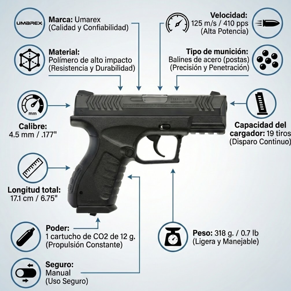 Pistola de CO2 Calibre 4.5 mm Umarex XBG c/ Balines y Dianas