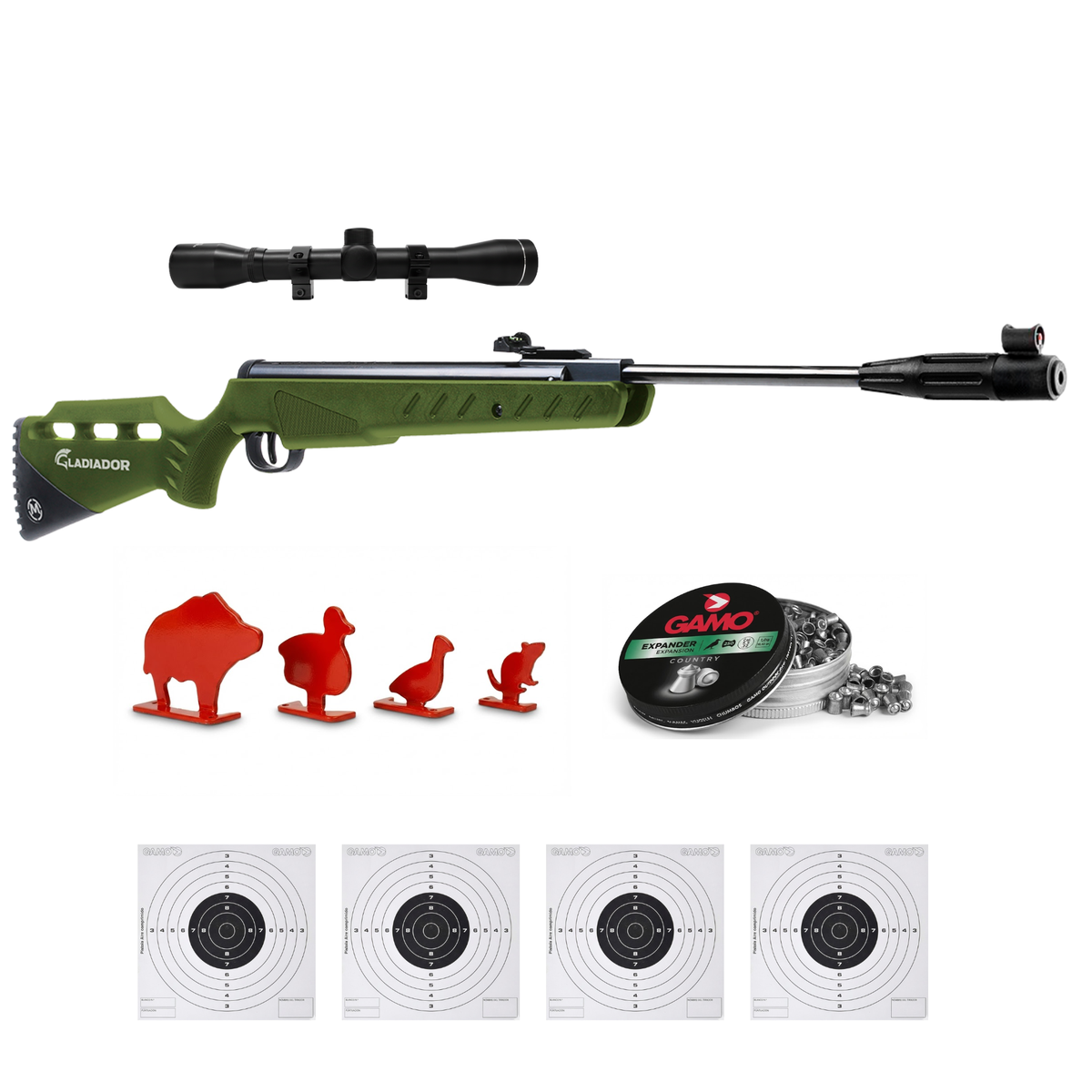 Rifle de aire Mendoza Gladiador 5.5mm Resorte Verde Kit tiro